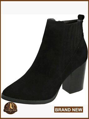 Chunky Stacked Mid Heel Ankle Boots Elastic Chelsea Vegan Leather